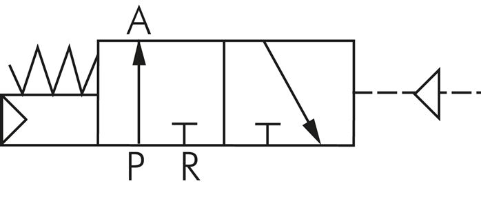 Schematický symbol: 3/2-dráhový pneumatický ventil, otevrená základní poloha (NO)